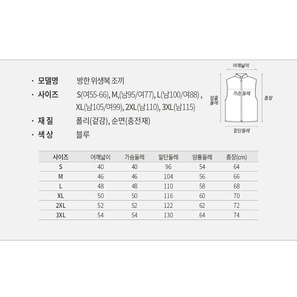 FVT102 방한 위생복 조끼 블루 HACCP 식품 공장 회사 기능성 냉동 냉장 창고